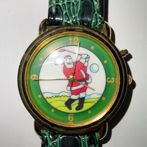 Golfing Santa Watch. Green leather strap.